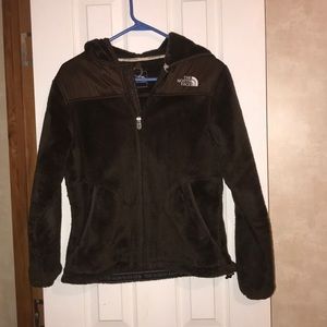 Brown hooded North Face jacket